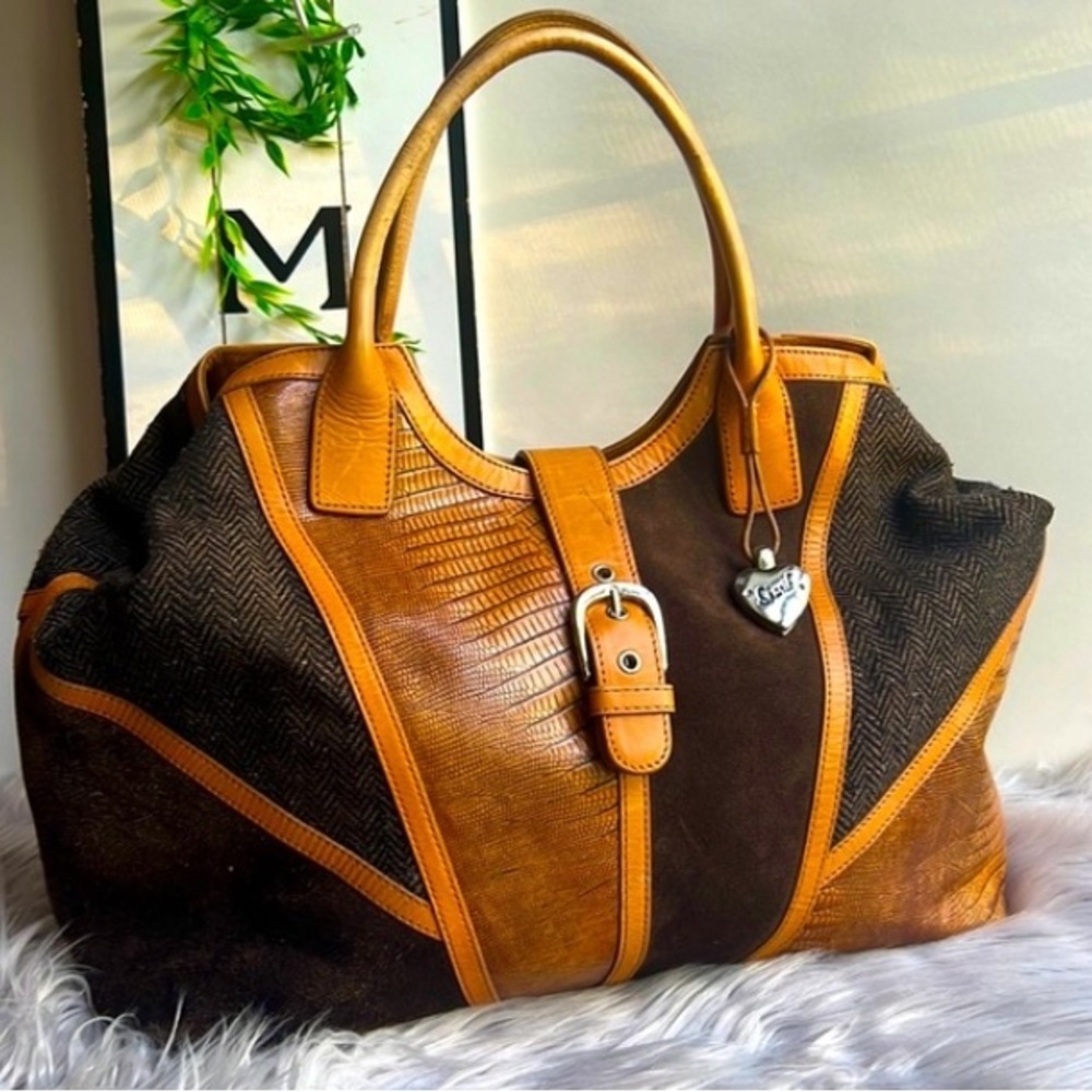 Sharif Leather Suede and Wool Herringbone Satchels Shoulder Bag Vintage Purse